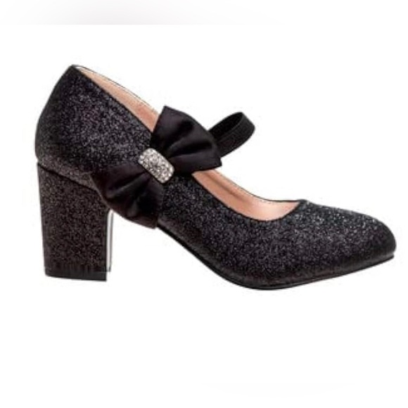 Badgley Mischka Size 4 Girls Janelle Pump Black Glitter Block Heels Rhinestones - Picture 11 of 11